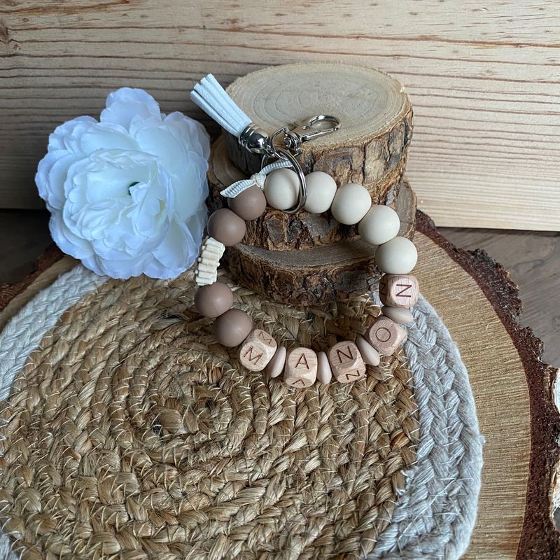 Bracelets porte-clés modèle « Marron beige &amp; fleur »
