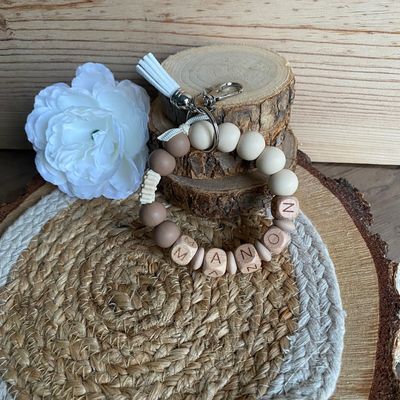 Bracelets porte-clés modèle « Marron beige &amp; fleur »
