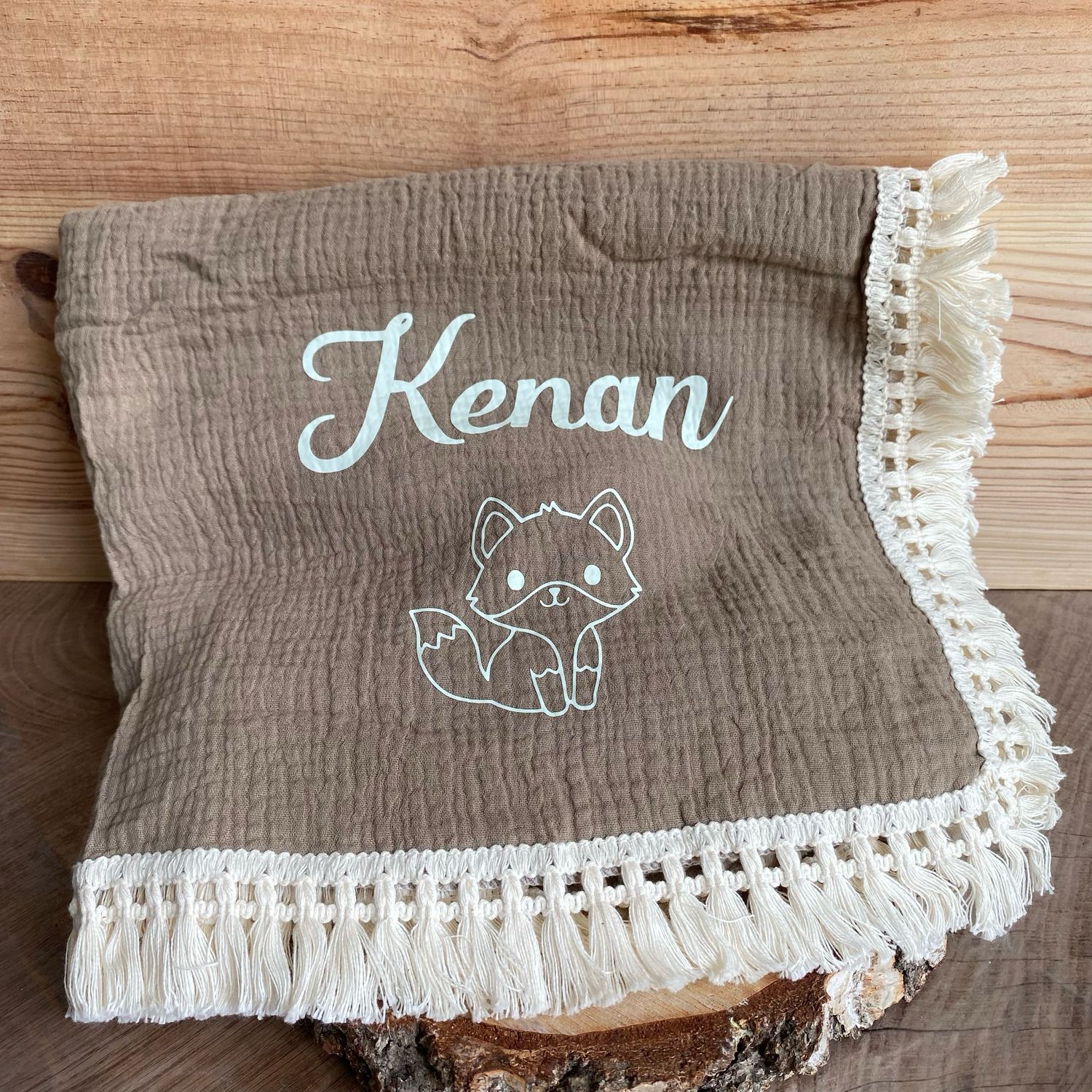Couverture bébé gaz de coton personnalisé modèle « Marron &amp; renard »