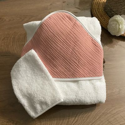 Cape serviette de bain en gaz de coton + gant « vieux rose »