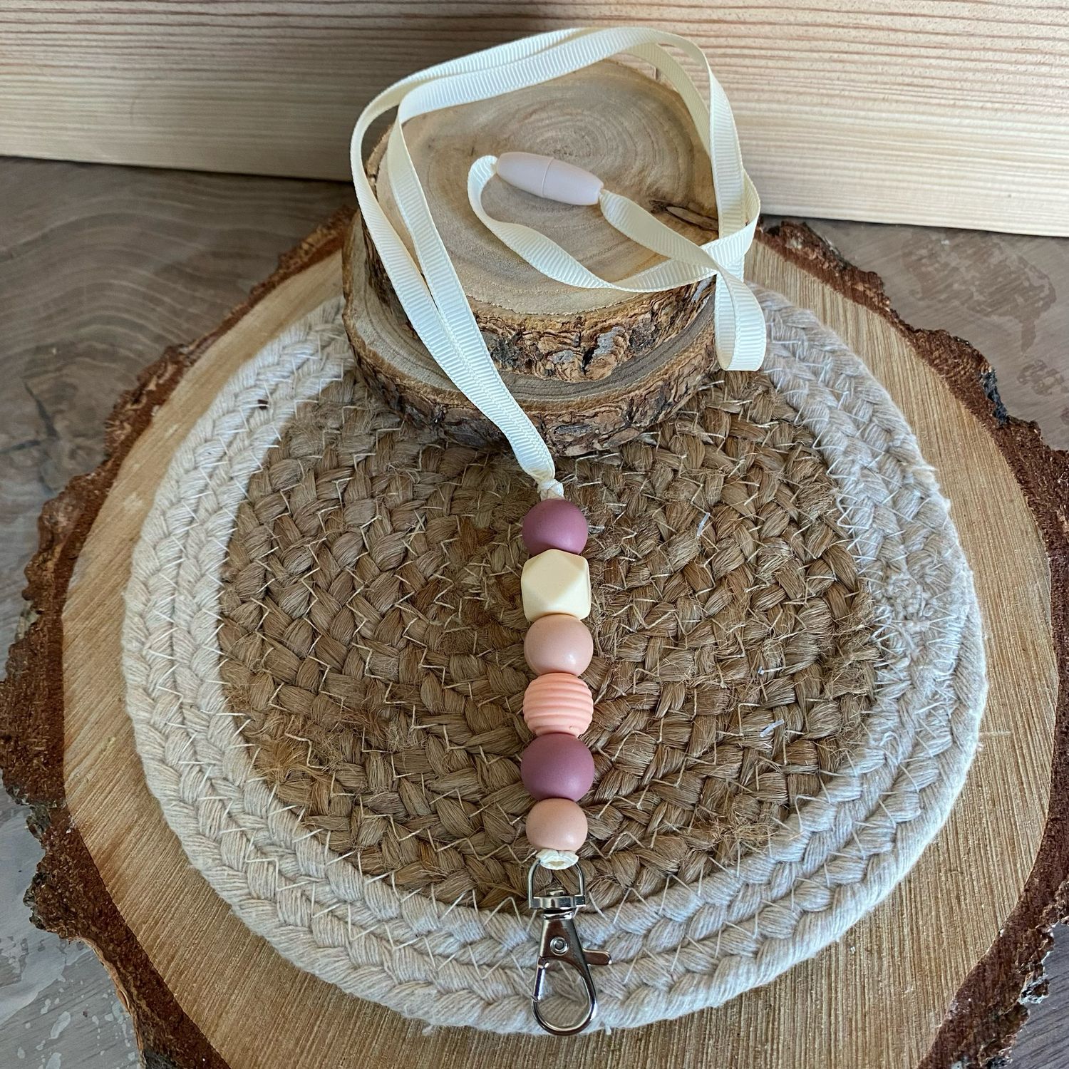 Tour de cou porte-badge/clés « vieux rose &amp; pêche »