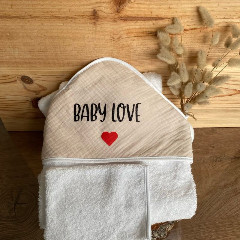 Cape serviette de bain en gaz de coton + gant « beige »