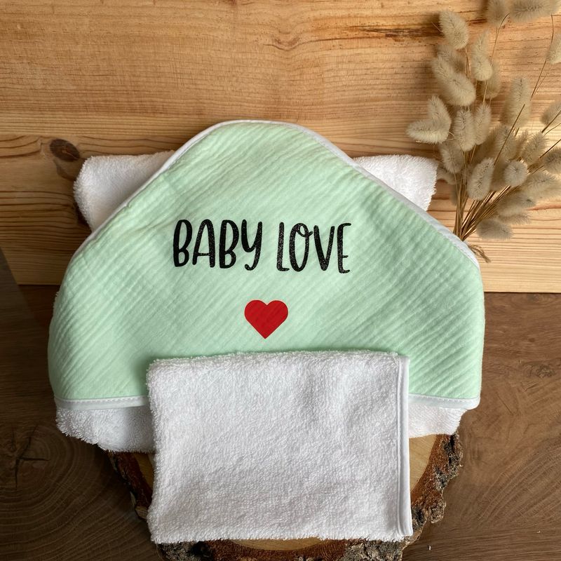 Cape serviette de bain en gaz de coton + gant « vert mint »