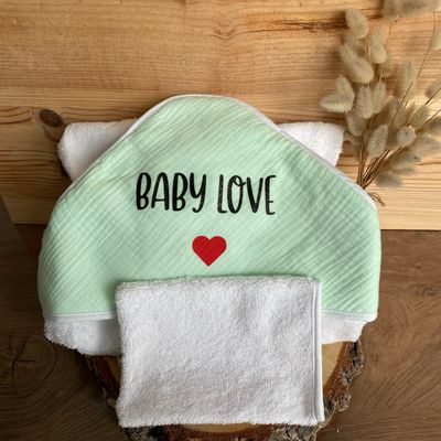 Cape serviette de bain en gaz de coton + gant « vert mint »