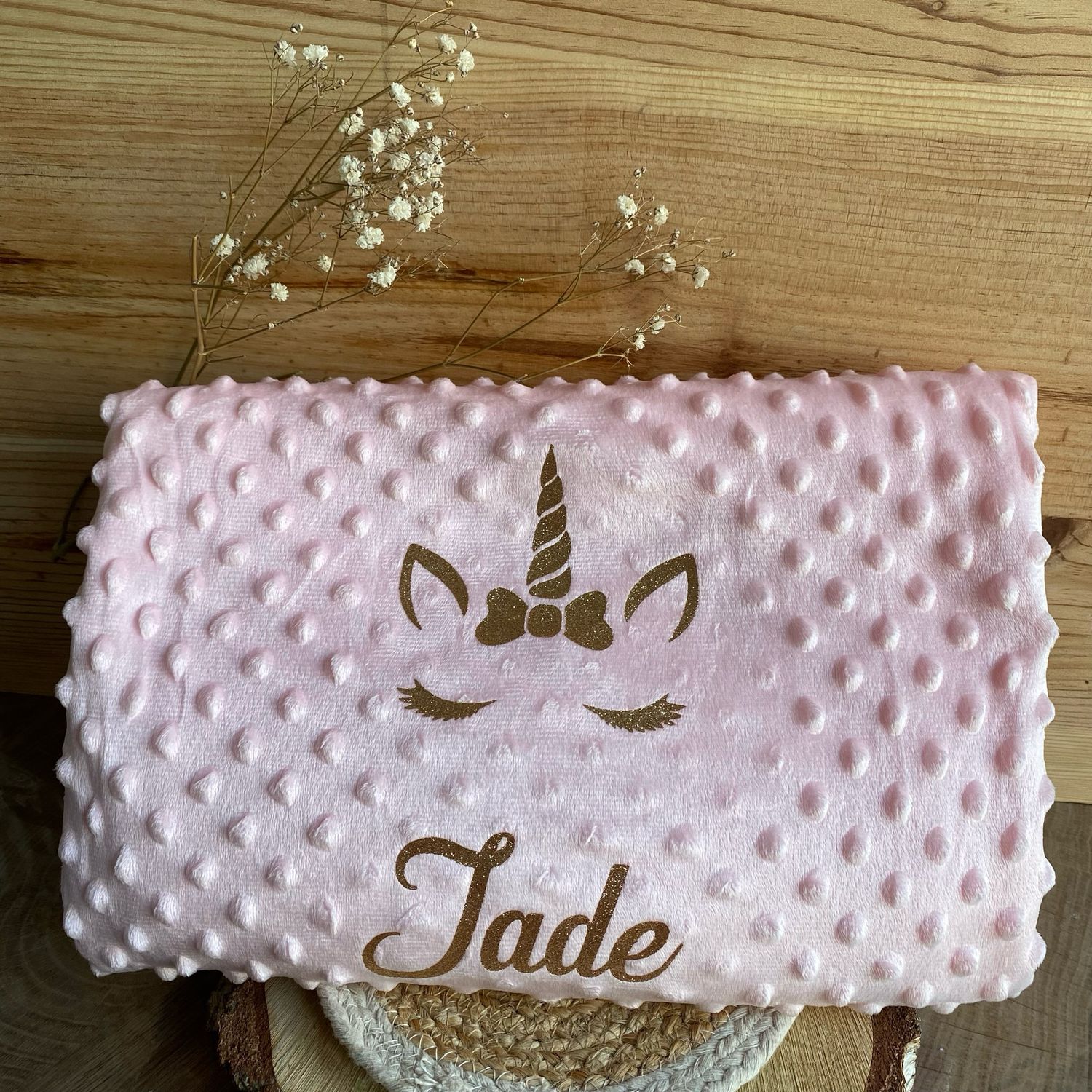Couverture bébé minky/polaire personnalisé modèle « rose &amp; licorne »