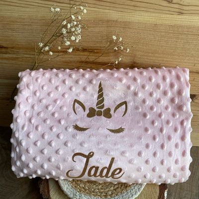 Couverture bébé minky/polaire personnalisé modèle « rose &amp; licorne »