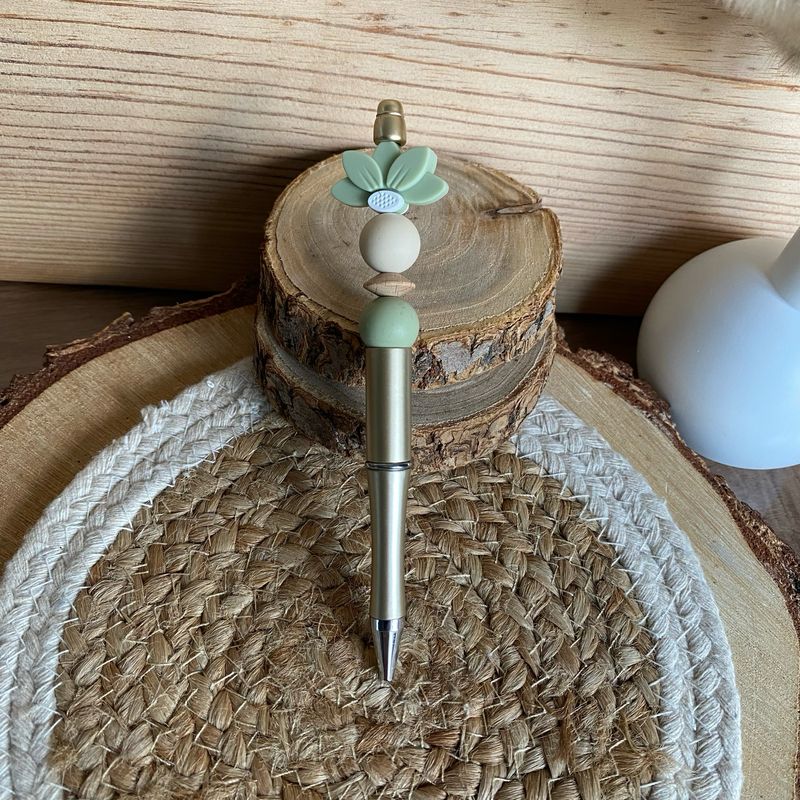 Stylo fantaisie « lotus vert sauge &amp; beige »
