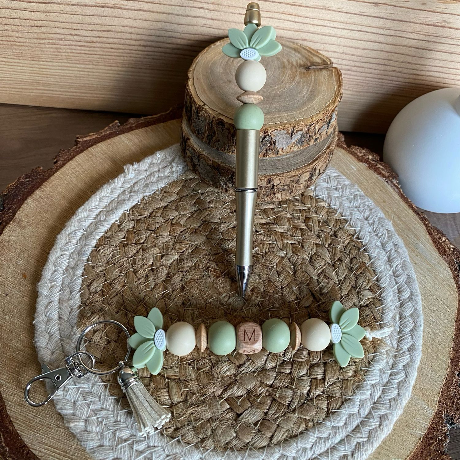 Coffret porte-clés + stylo modèle « terracotta &amp; vert sauge »