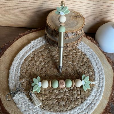 Coffret porte-clés + stylo modèle « terracotta &amp; vert sauge »
