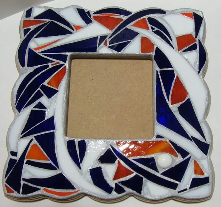 8&quot; square glass mosaic picture frame, Orange, white, blue, Broncos team colors