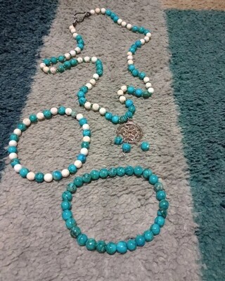 Turquoise and Indian Agate Necklace and 2 Bracelet set, 20.5&quot; 6MM