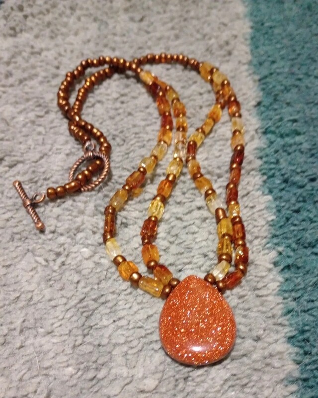 Citrine and Goldstone necklace, 20&quot; double stranded