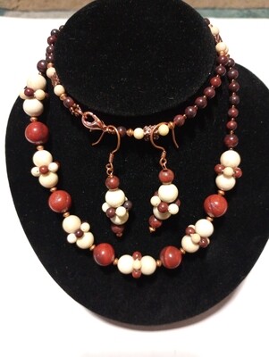 Brecciated Jasper and river stone earrings and necklace set in copper setting 