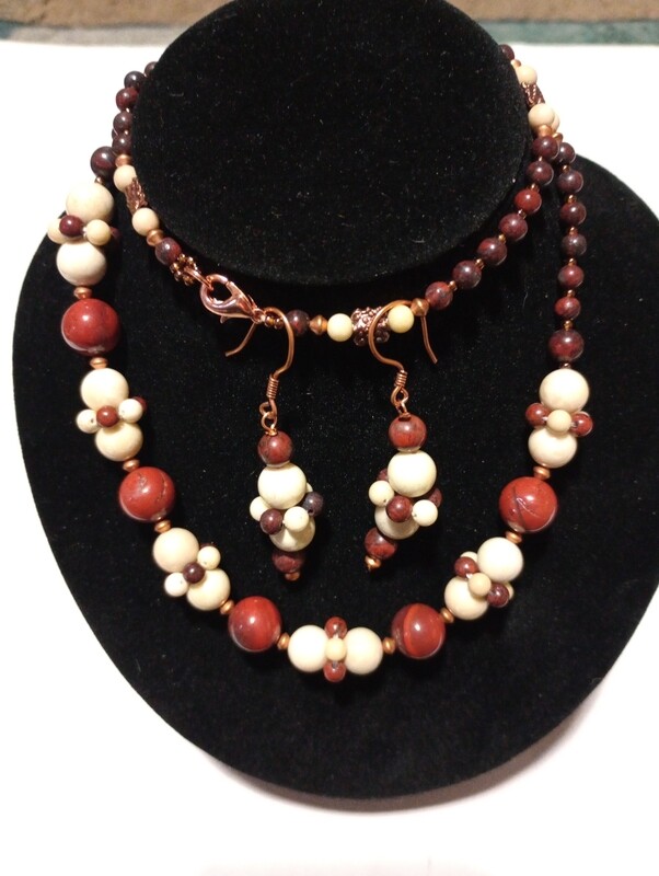 Brecciated Jasper and river stone earrings and necklace set in copper setting 
