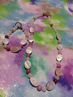 Mother of Pearl, Rose quartz, purple Sugilite necklace/ bracelet set in copper toggles
