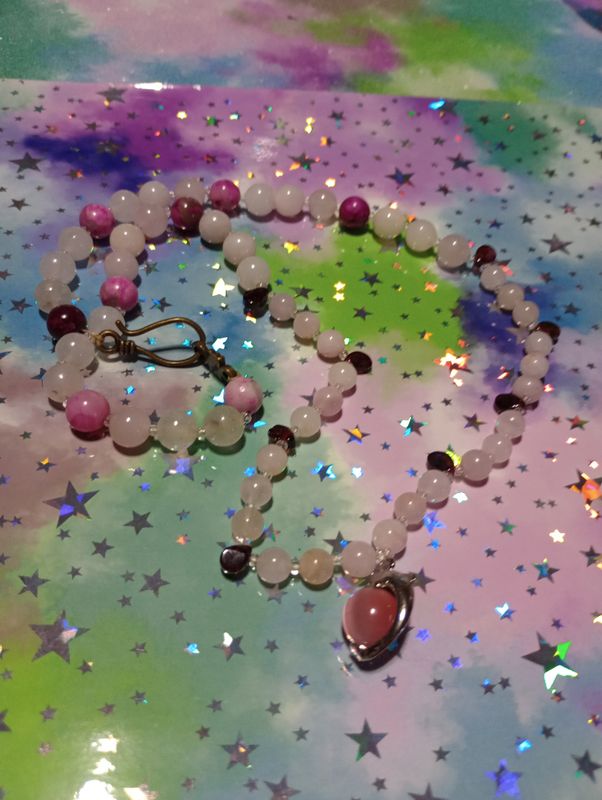 Rose quartz, Sugilite, Garnet necklace with dolphin charm
