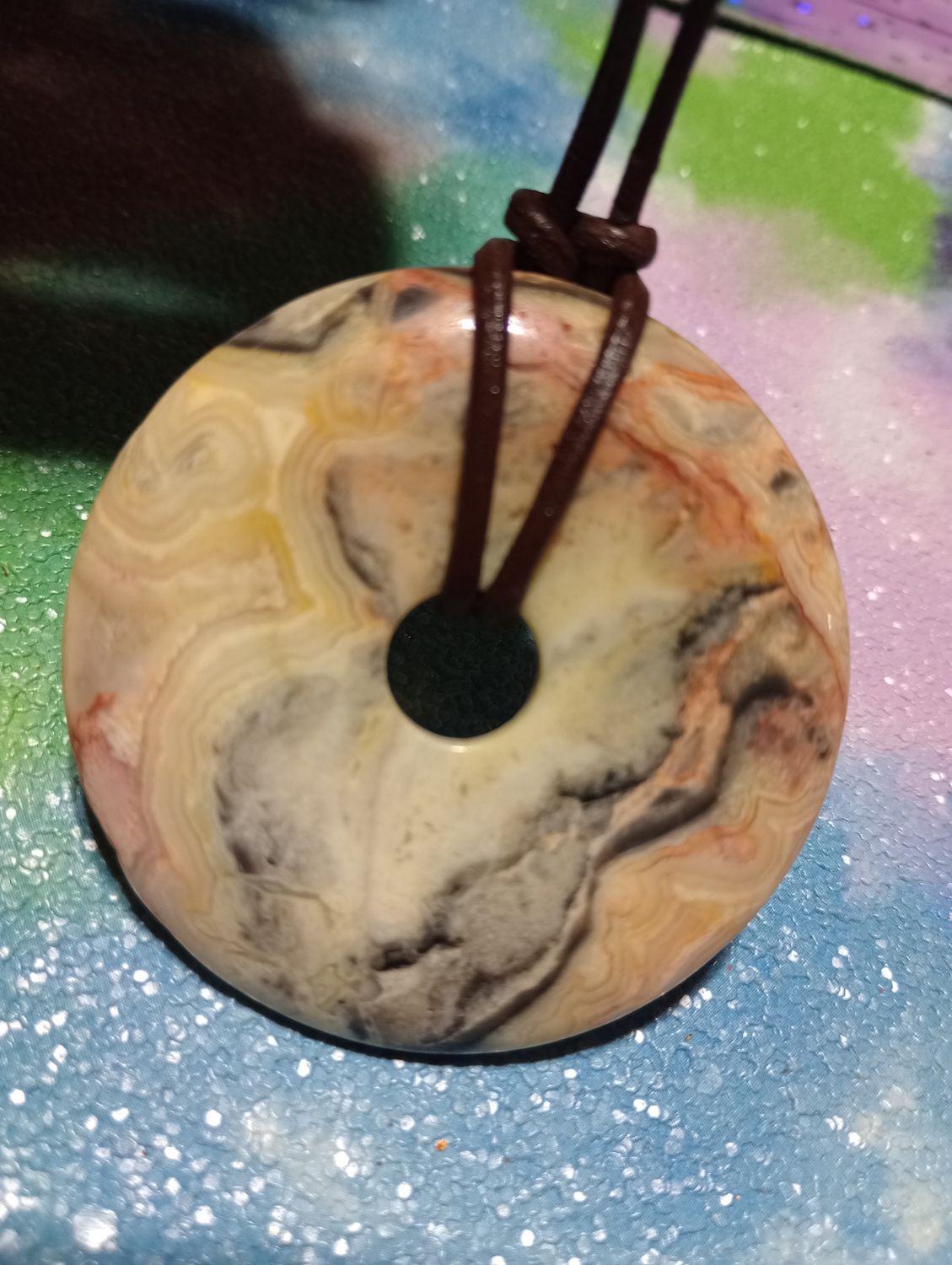 Crazy lace agate - multicolored, 50MM (@ 2&quot;) donut gemstone pendant with leather cord
