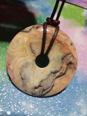Crazy lace agate - multicolored, 50MM (@ 2&quot;) donut gemstone pendant with leather cord