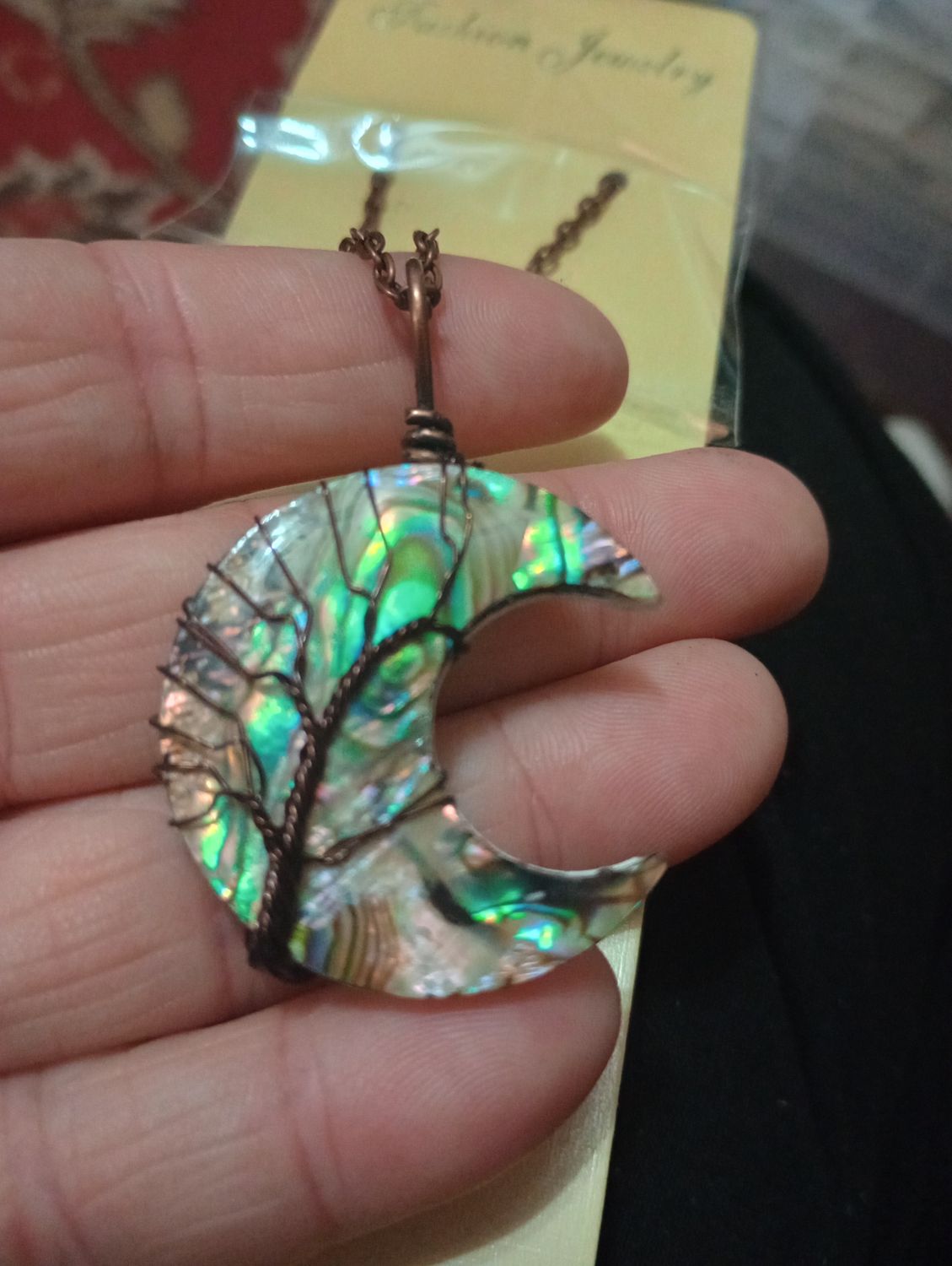Abalone shell moon, wire wrapped tree of life, copper chain