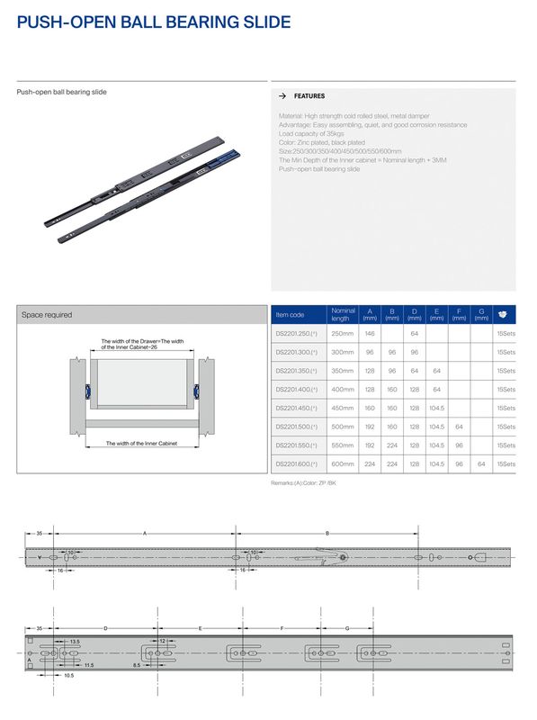 UNIHOPPER TELESCOPIC PUSH OPEN RAIL 50CM