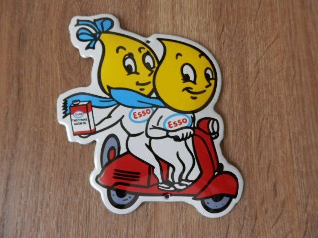 Emaille schildje Esso figuurtjes op scooter
