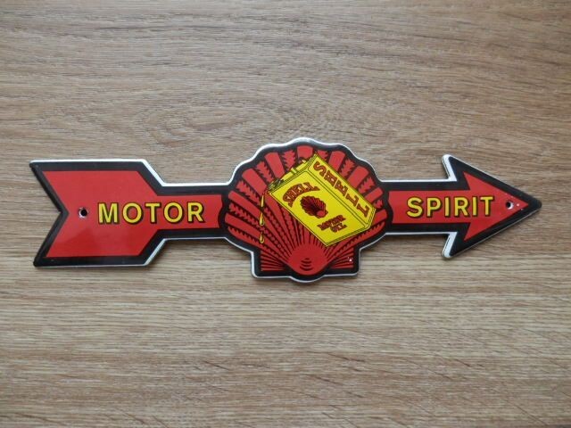 Emaille schildje Shell pijl rood, "Motor Spirit"
