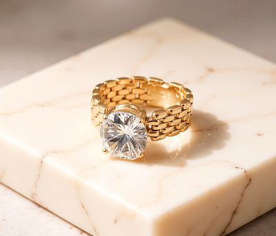 Cheker Cushion Gold Panther Link Ring Cubic Zirconia