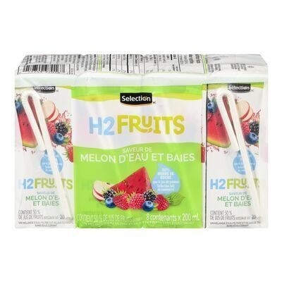 SELECTION Mélange de jus à saveur melon d&#39;eau et baies avec 55 % moins de sucre, H2Fruits 8X200 ML