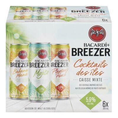 BACARDI+ Boisson de malt alcoolisée à saveur des cocktails des îles, Breezer 6X355 ML