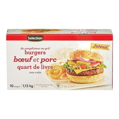 SELECTION Burgers quart de livre de bœuf et porc surgelés 10 BURGERS - 1,13 KG