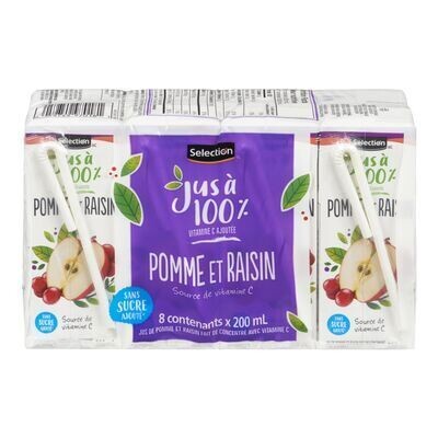 SELECTION Jus de pomme et raisin sans sucre ajouté 8X200 ML