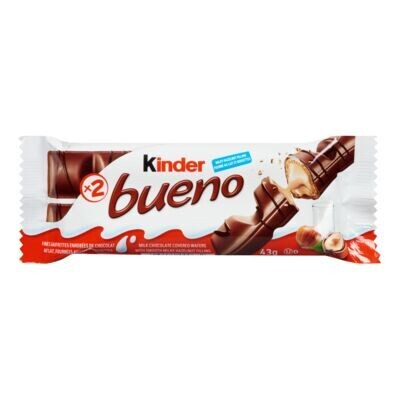 KINDER BUENO Fines gaufrettes enrobées de chocolat au lait et fourrées au lait et noisettes 43 g