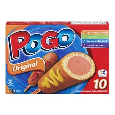 POGO Saucisses fumées surgelées enrobées de pâte et cuites sur bâtons 10 saucisses, 750 g