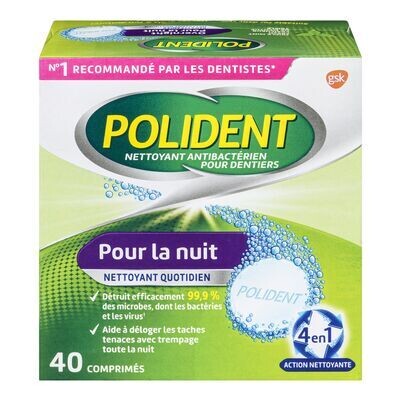 POLIDENT Nettoyant de nuit pour prothèses dentaires en comprimés à saveur fraîcheur de menthe triple 40 un