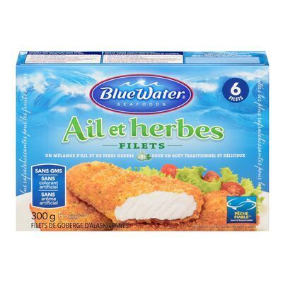 BLUEWATER SEAFOODS Filets de goberge d&#39;Alaska panés à l&#39;ail et aux herbes surgelés 300 g