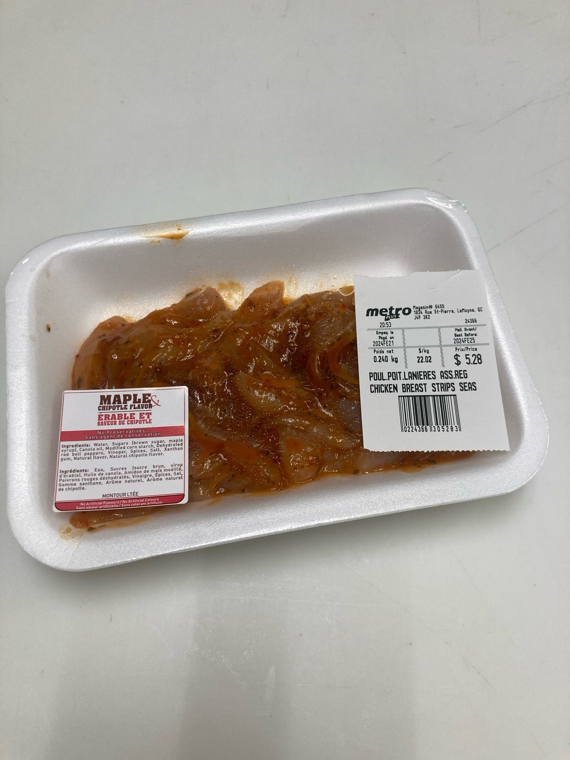 Lanières de poitrine de poulet ERABLE ET CHIPOTLE 1 PAQUET env. 200gr 26.43$/kg 11.99$/lb