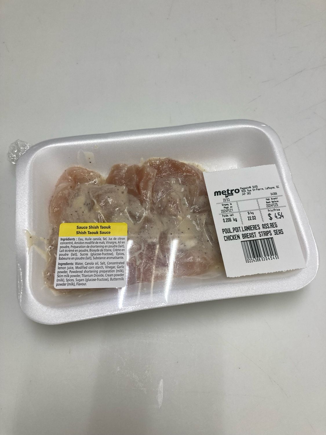 Lanières de poitrine de poulet SAUCE SHISH TAOUK 1 PAQUET env. 200gr 26,43$/kg 11.99$/lb