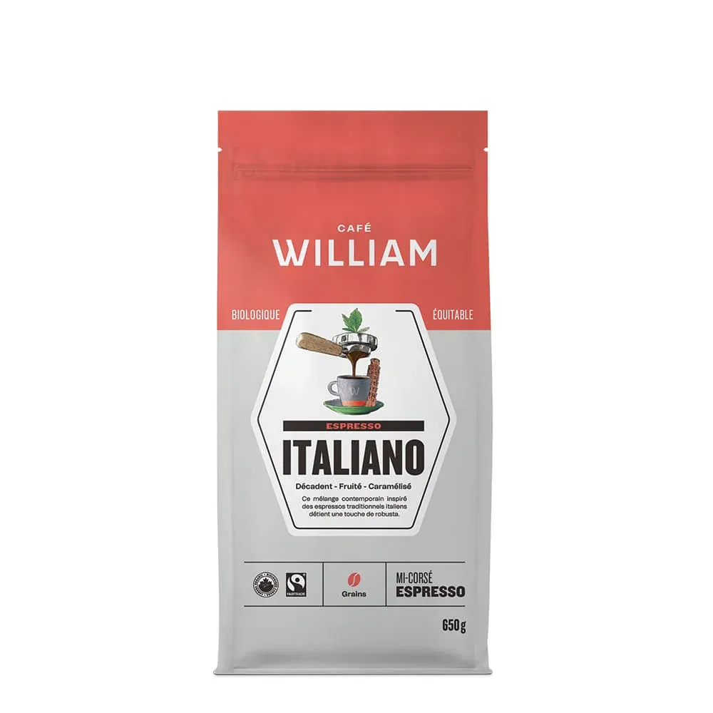 CAFÉ WILLIAM ITALIANO GRAINS BIO ÉQUITABLE ESPRESSO 650GR