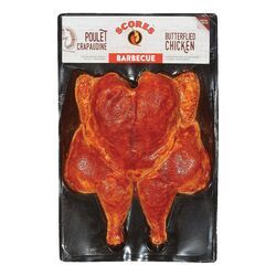 SCORE POULET EN CRAPAUDINE SAVEUR BBQ ENV. 1.3KG. PRIX RÉGULIER : 6.99$/LB 15.41$/KG