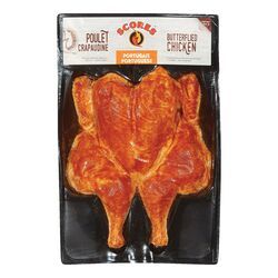 SCORE POULET PORTUGUAIS EN CRAPAUDINE. ENV. 1.3KG. PRIX RÉGULIER : 6.99$/LB 15.41$/KG