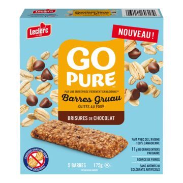 LECLERC BARRES GO PURE AUX BRISURES DE CHOCOLAT GRUAU 175 G