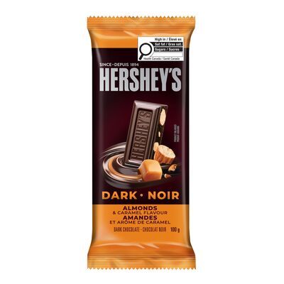 BARRE DE CHOCOLAT NOIR HERSHEY AUX AMANDES ET CARAMEL FAMILIALE 100 G