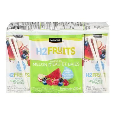 SELECTION Mélange de jus à saveur melon d'eau et baies avec 55 % moins de sucre, H2Fruits 8X200 ML