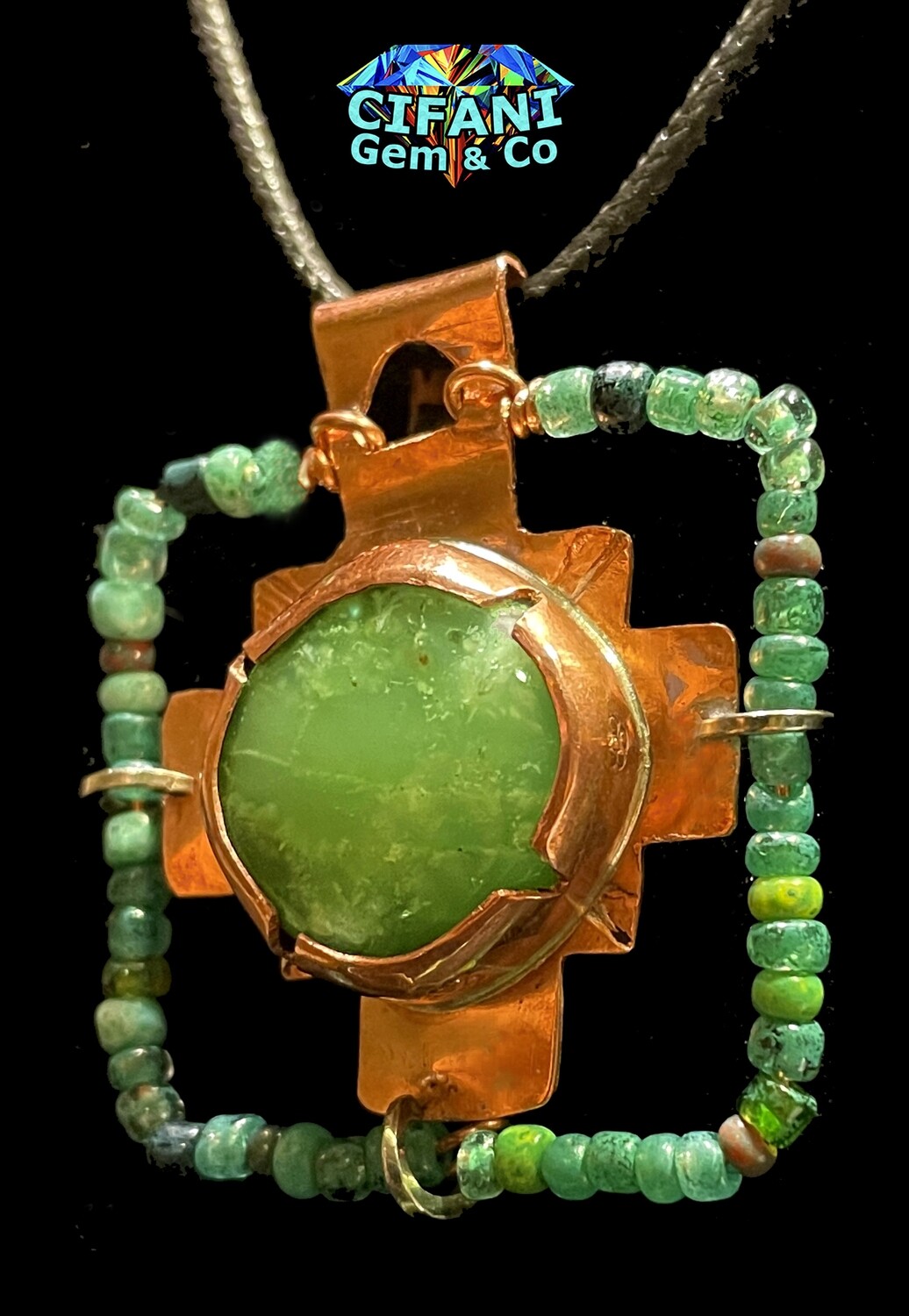 Chrysoprase in Copper Andean Cross Shamanic Amulet