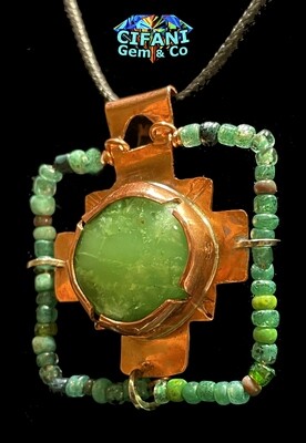 Chrysoprase in Copper Andean Cross Shamanic Amulet
