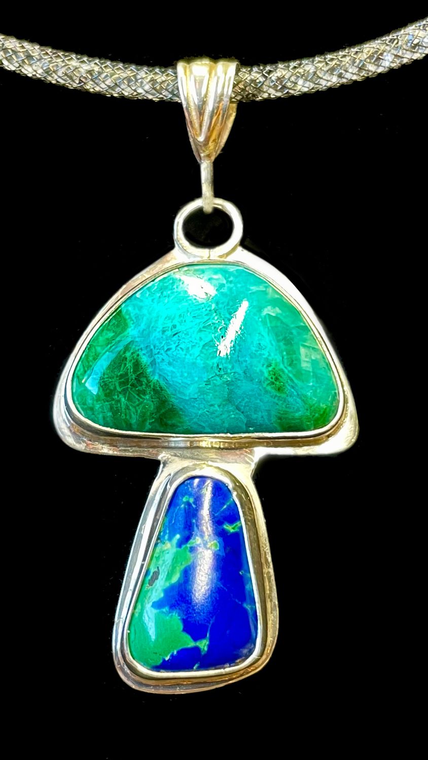 Gem Silica Chrysocolla Malachite Azurite 925 Silver Mushroom Pendant