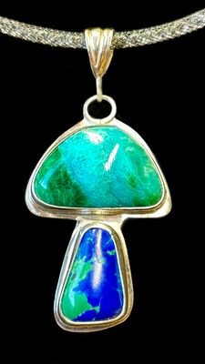 Gem Silica Chrysocolla Malachite Azurite 925 Silver Mushroom Pendant