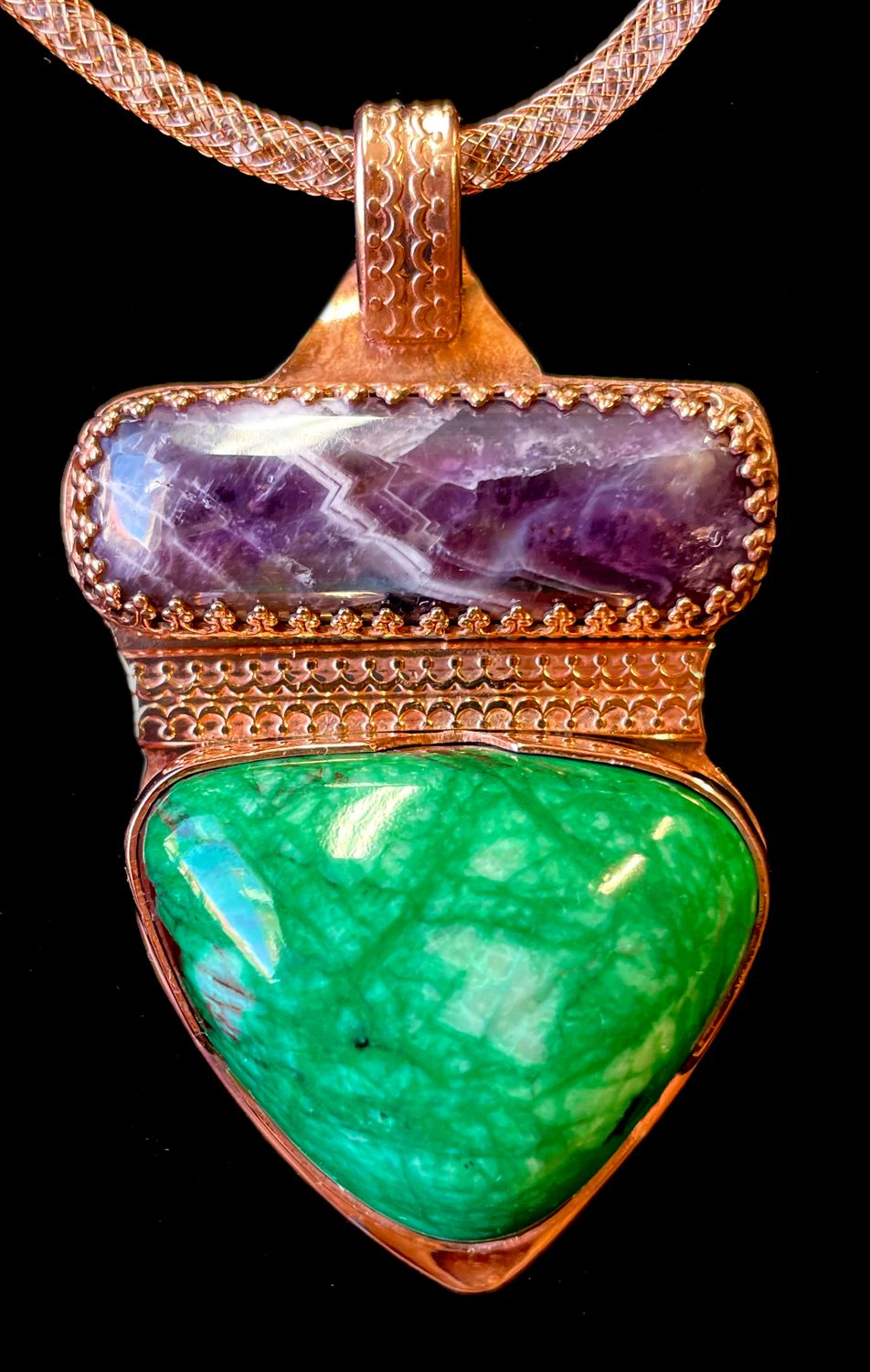 Large Amethyst &amp; C23 Malachite Copper Pendant