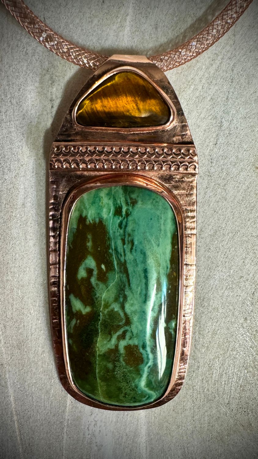 Mayan Jade &amp; Tiger Eye Copper Pendant