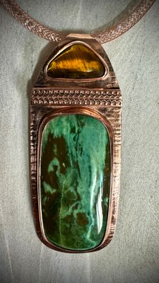 Mayan Jade &amp; Tiger Eye Copper Pendant